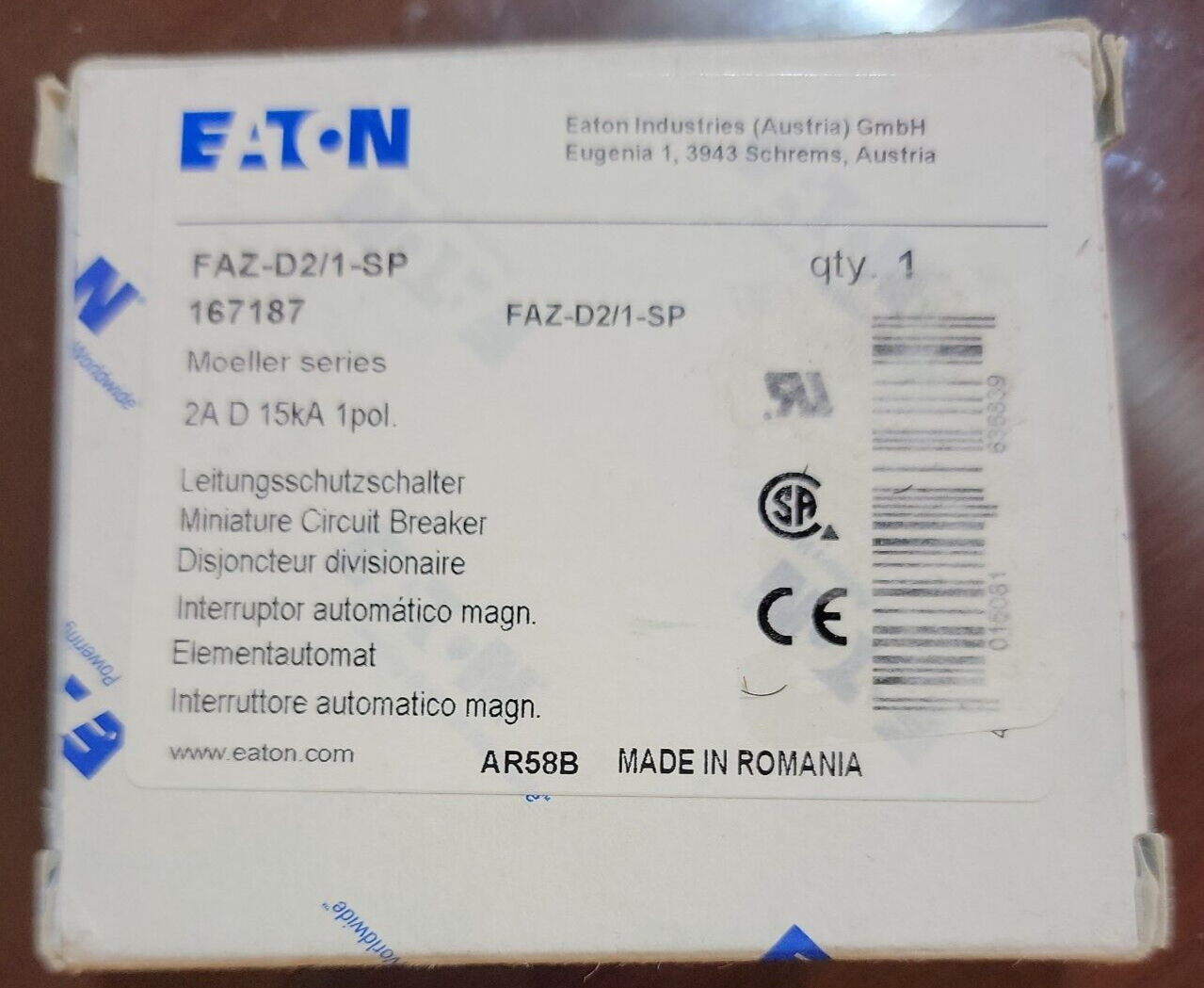 (NEW) Eaton FAZ-D2/1-SP DIN Rail Circuit Breaker 2A 277V AC 1 Pole