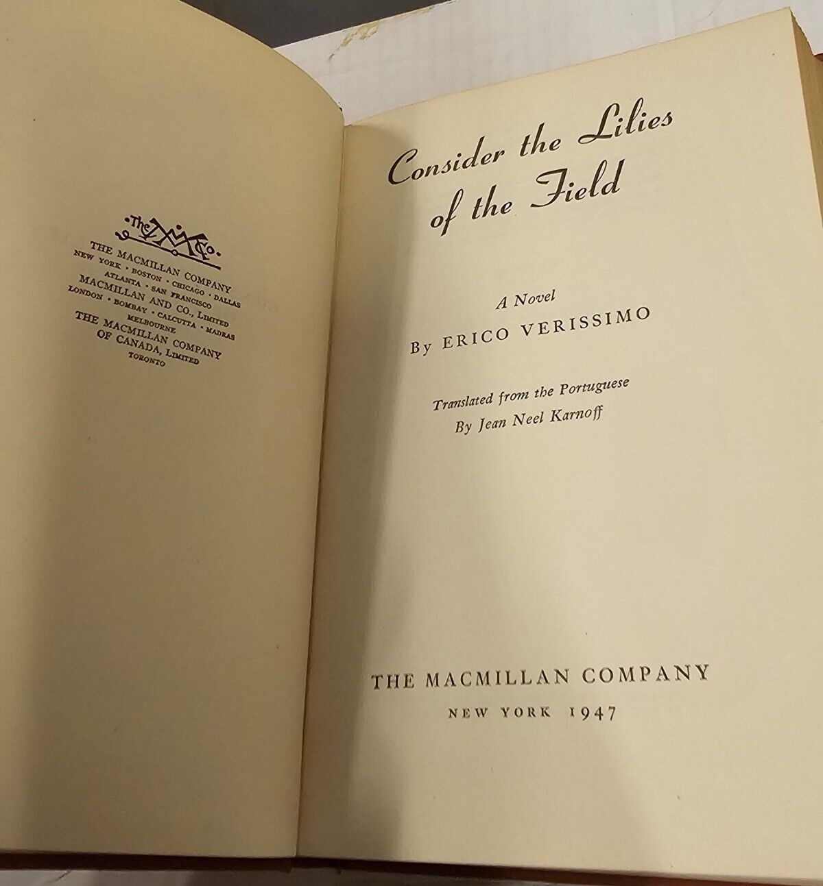 (VG/DC) Consider The Lilies Of The Field by Erico Verissimo, 1947 First Printing