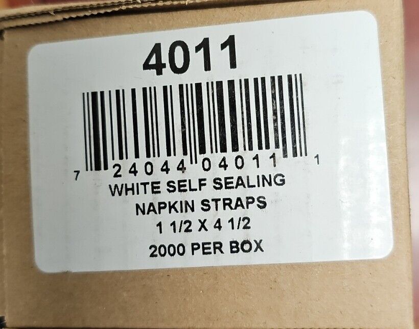 (2 boxes, 4000 total) 2,000 #4011 WHITE SELF SEALING NAPKIN STRAPS, 1.5" X 4.5"