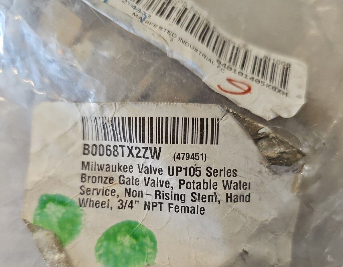 (New) MILWAUKEE VALVE Gate Valve, 3/4 In., Bronze UP105 3/4