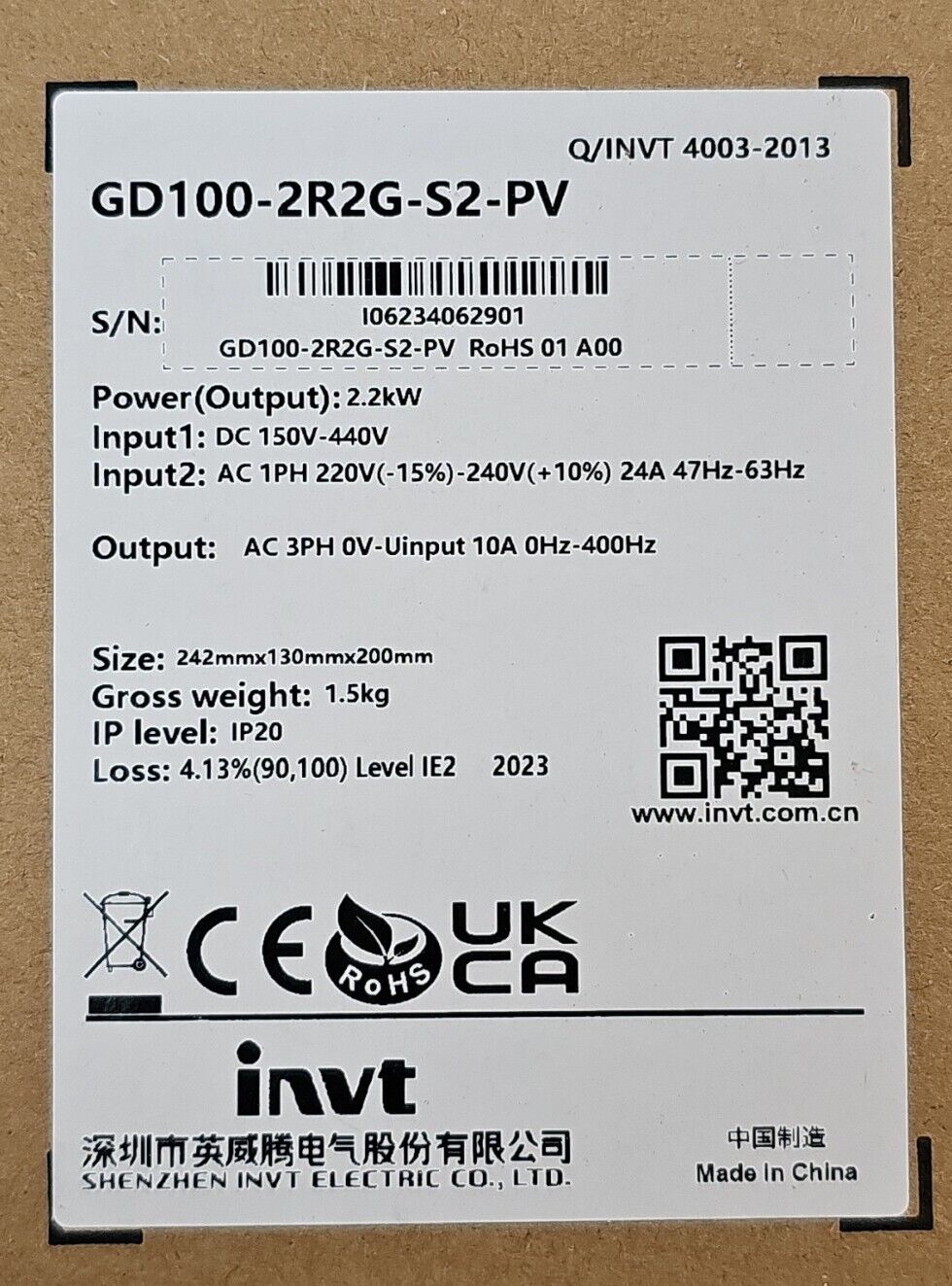 (New) SOLAR VFD INVT GD100-2R2G-S2-PV 2.2kw (Specs In Description)