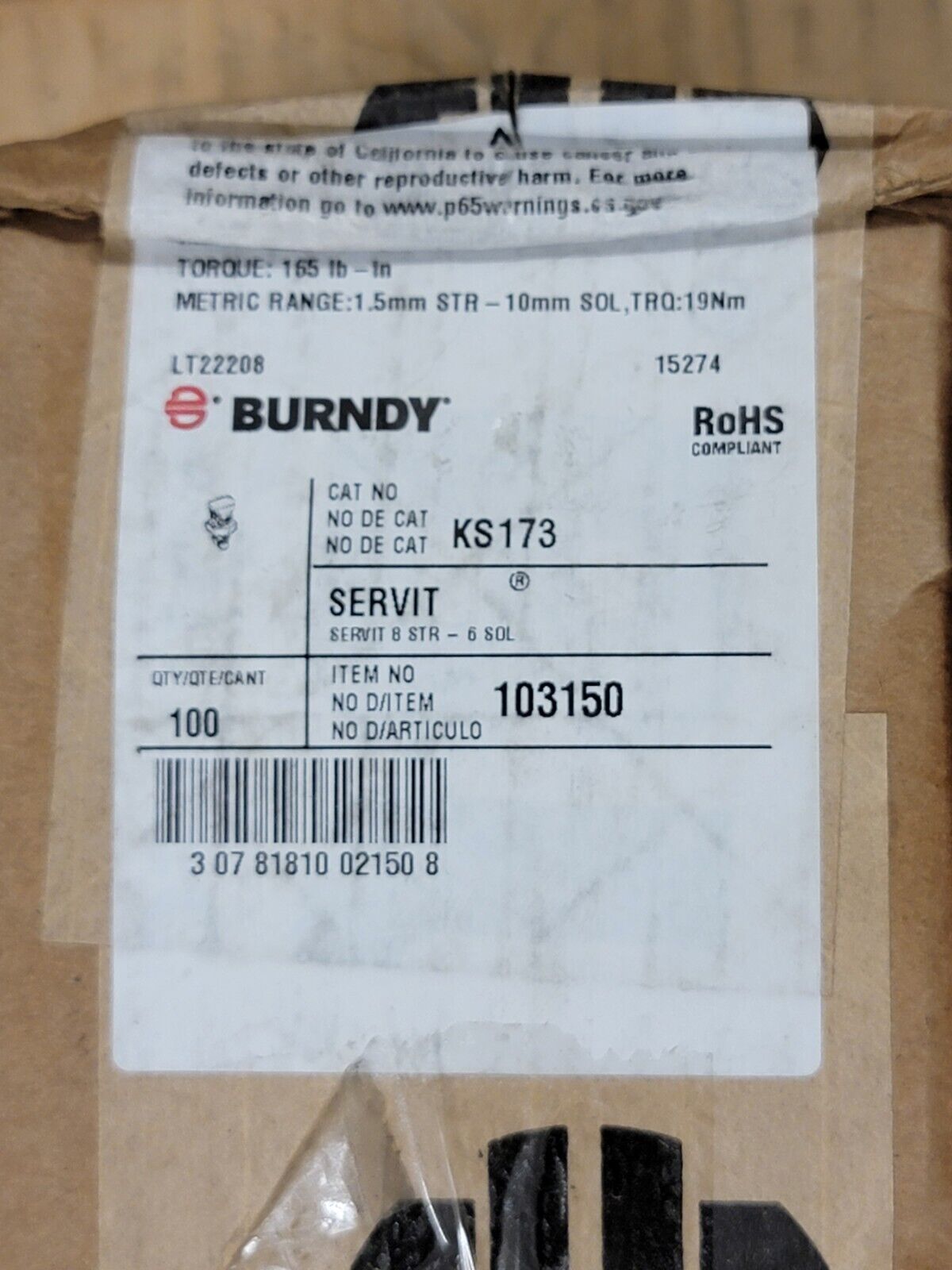 (Box of 100) BURNDY KS173 SERVIT 8 STR  6 SOL  TORQUE 165 LB.  Item no 103150