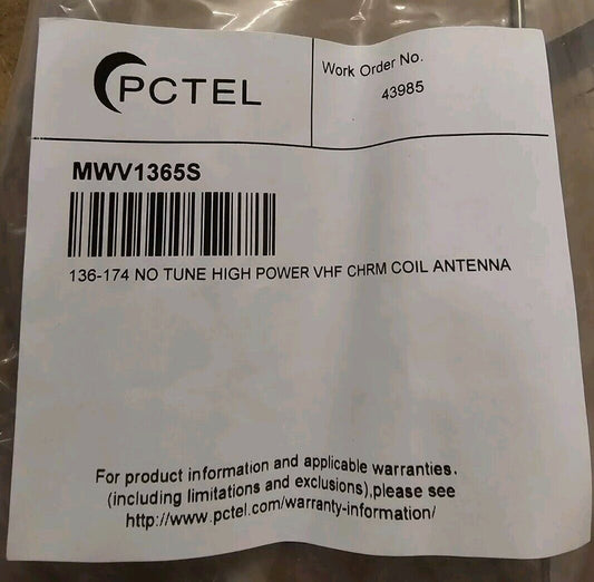 (New)PCTEL MWV1365S 136-174MHz No Tune VHF High Power Coil Antenna Chrm NMO 160W