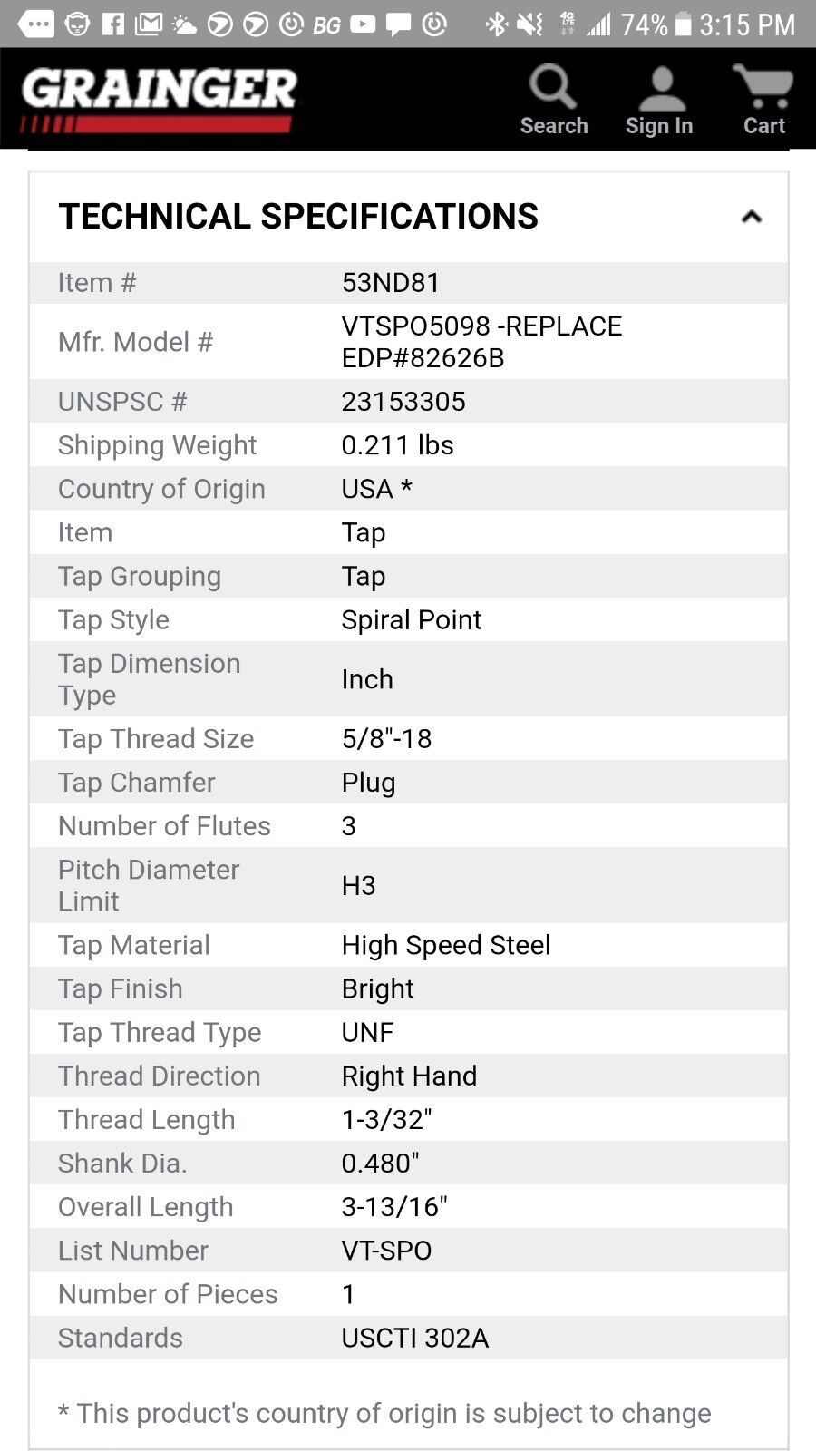 WIDIA GTD VTSPO5098. 5/8"-18 Tap, Plug, 3 Flutes, High Speed Steel