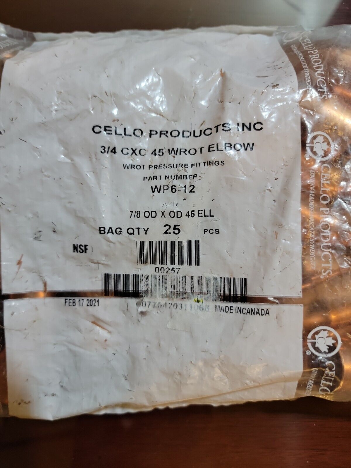 (Bag of 25) Cello Products 3/4 CXC 45 WROT ELBOW WP6-12, 7/8 OD x OD 45 ELL