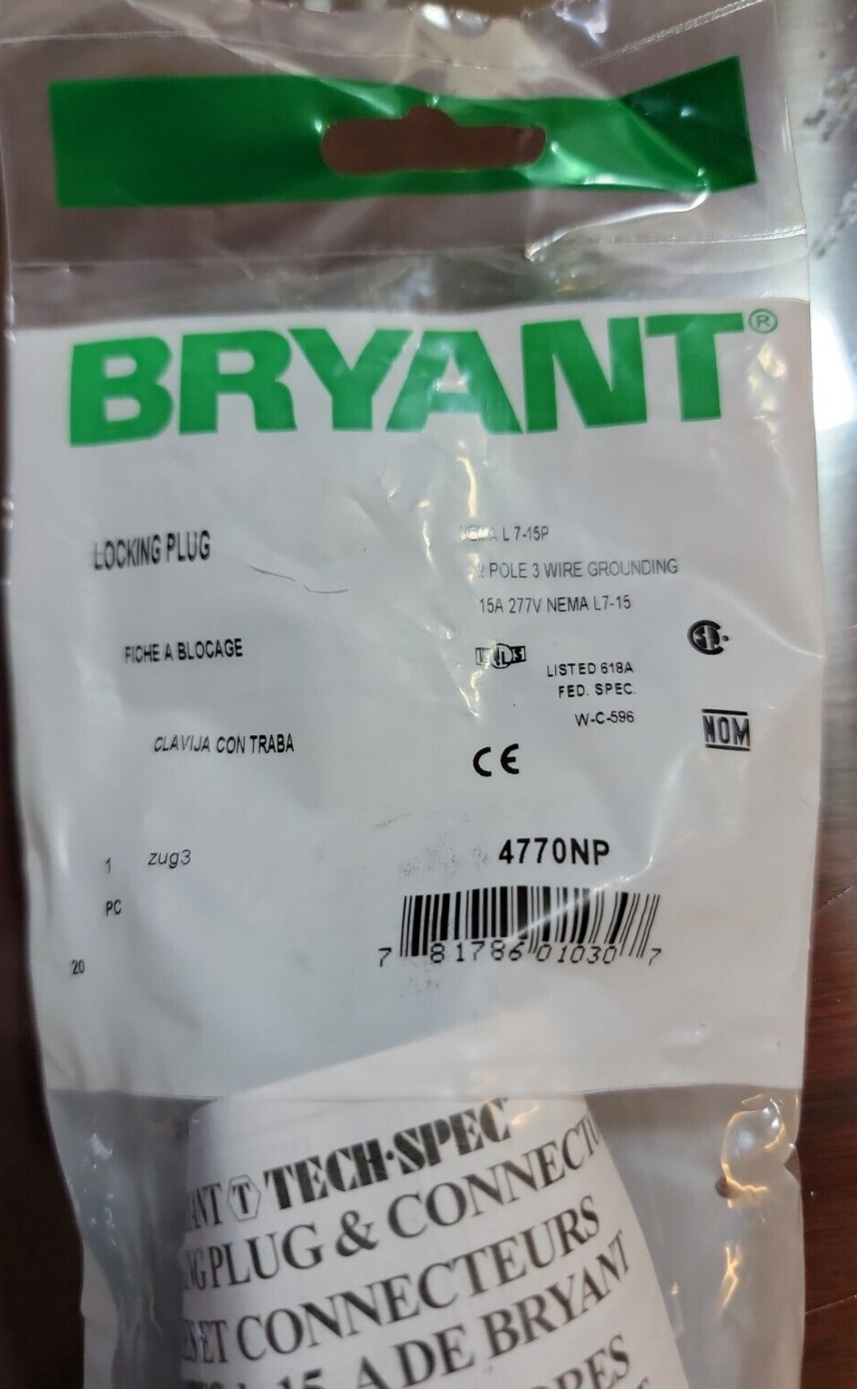 (NEW) Bryant 4770NP Locking Plug, Black/Wht, 277VAC, 2.0 Hp, 15A, NEMA L7-15