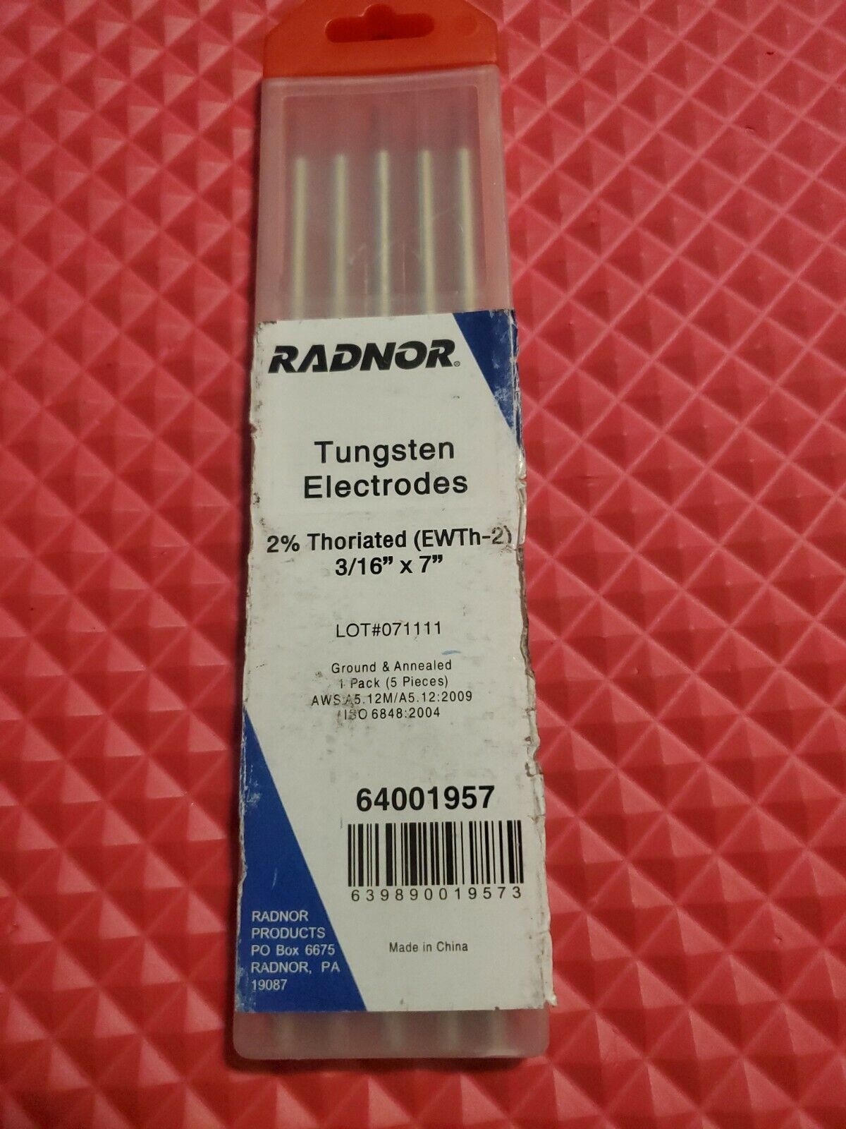 RADNOR 64001957 Tungsten Electrodes. 3/16" X 7" 2% Thoriated. Ground & Annealed