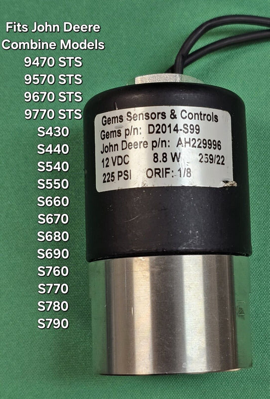 (New)John Deere AH229996 Solenoid Valve 12VDC 225PSI 8.8W 1/8" (Fits Combines)